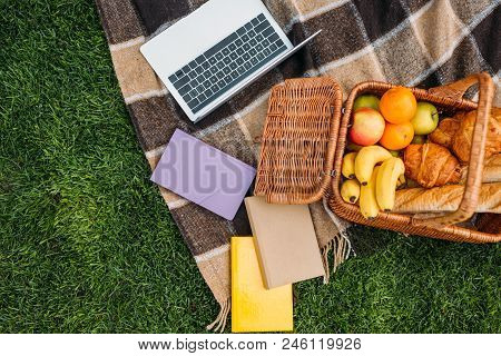 Top View Of Laptop, Books And Picnic Basket On Plaid In Park