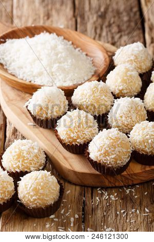 Delicious Coconut Kisses (beijinhos De Coco Or Branquinhos)  - Festive Brazilian Sweets Close-up. Ve