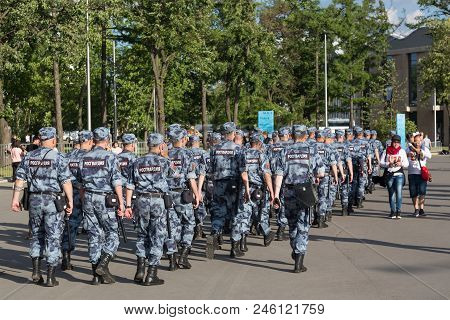 Moscow, Russia - June, 2018: Russian Omon Police Walking After Fifa World Cup Match In Moscow. Footb