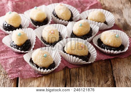 Festive Brazilian Sweets Olho De Sogra With Prunes Close-up. Horizontal