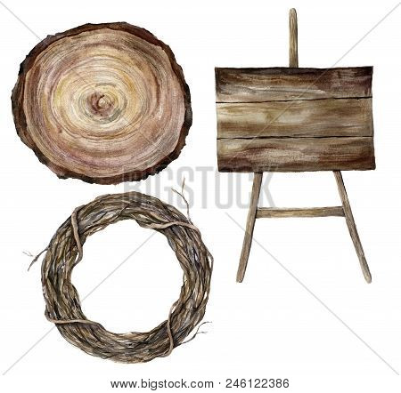 Watercolor Woodern Textured Sign, Cross Section Of A Tree And Tree Branch Wreath. Wedding Accessorie