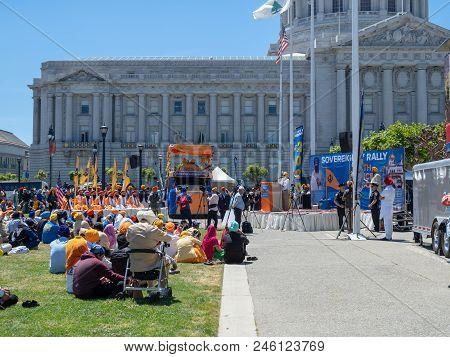 San Francisco, Ca - June 10, 2018: Man Speaking On Stage To Support 2020 Punjab Referendum Rally Out