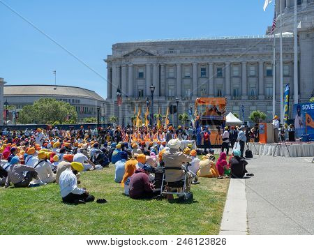 San Francisco, Ca - June 10, 2018: Speech Being Given Outside Of A 2020 Punjab Referendum Rally Outs