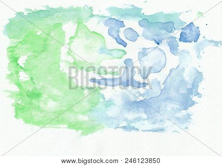 Emerald Jade And Azure Mixed Watercolor Horizontal Gradient Background.