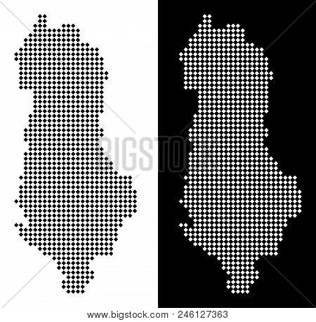 Vector Rhombic Pixel Albania Map. Abstract Territory Maps In Black And White Colors On White And Bla