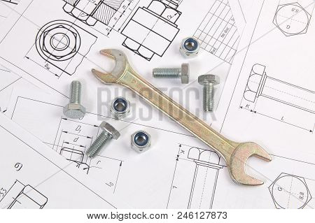 Technical Drawings Of Bolt And Nut. Engineering, Technology And Metalworking. Metal Bolt, Wrench And