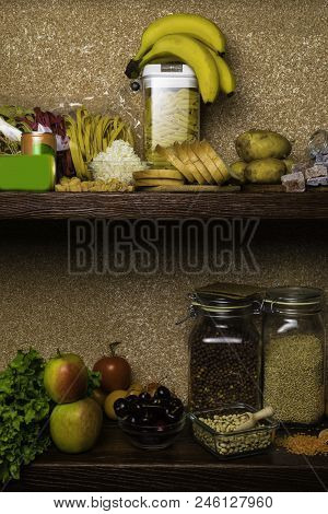 Assortment Of Products Rich Of Complex Carbohydrates. Healthy Food On Stone Background. Space For Te