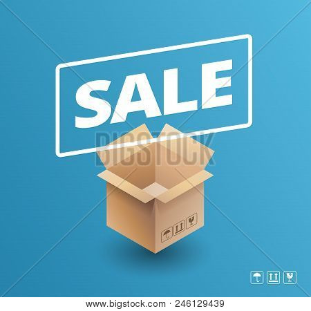 Sale Banner Delivery Cardboard Box Icon Sale Vector Illustration On Blue Background - Fragile, Keep 