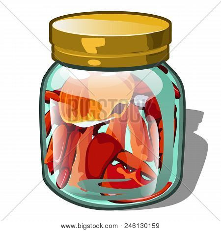 The Crab Is Placed In A Glass Jar Isolated On White Background. Vector Cartoon.