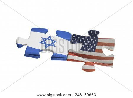 Usa And Israel Flags On Puzzle Pieces. Political Relationship Between Governments Concept. Isolated 