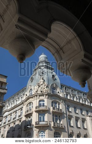 SOFIA, BULGARIA - AUGUST 02, 2017: beautiful architecture DZI headquartered in a six-storey landmark building in the centre of Sofia built 1914-1926 by architect G. Fingov 