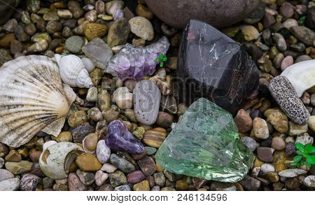 Fragments Of Colored Beautiful Stones, Polished With Water