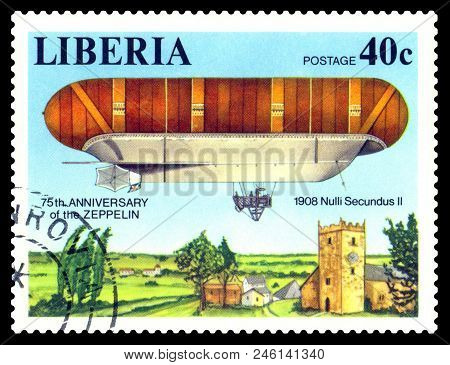 Stavropol, Russia - June 19, 2018: A Stamp Printed In Liberia, Shows An  Dirigible Nulli Secundus Ii