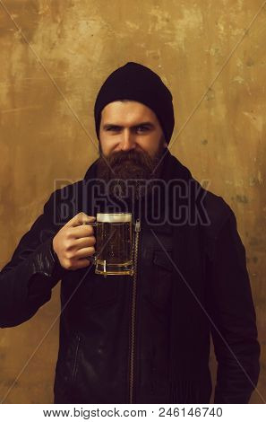 Alcohol, Bad Habits And Addictive. Hipster Drink Beer. Brutal Man With Long Beard And Moustache Drin
