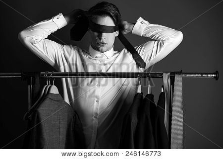 Blind Truth. Guy In White Shirt Hold Tie On Face And Eyes On Blue Background, Business Vision And Bd