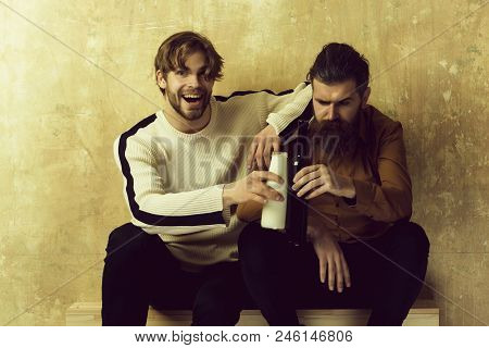 Healthy Diet Against The Unhealthy. Man Laughing With Milk Or Yogurt And Serious Model With Wine. Tw