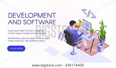 Software Development Vector Illustration Of Web Developer Or Programmer At Computer. Man Sitting At 