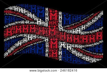 Waving British Flag On A Black Background. Vector Persons Handshake Elements Are Organized Into Mosa