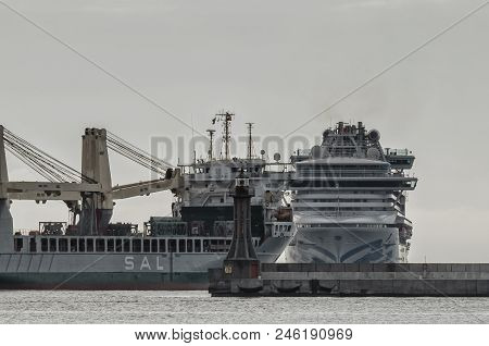 Gdynia / Pomeranian Region - Poland - 2018: Maritime Transport - Freighter And Cruiser Ship They Pas