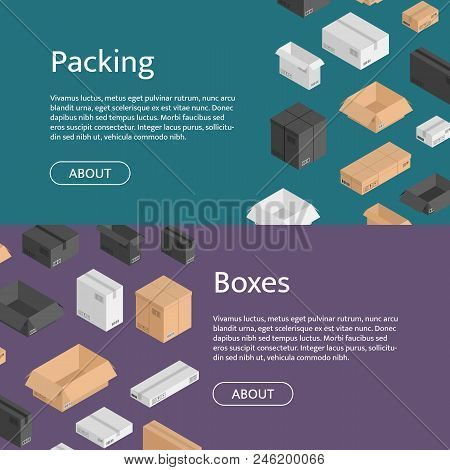 Vector Horizontal Web Banners With Isometric Boxes Of Different Color. Black, White, Beige Mail Ship