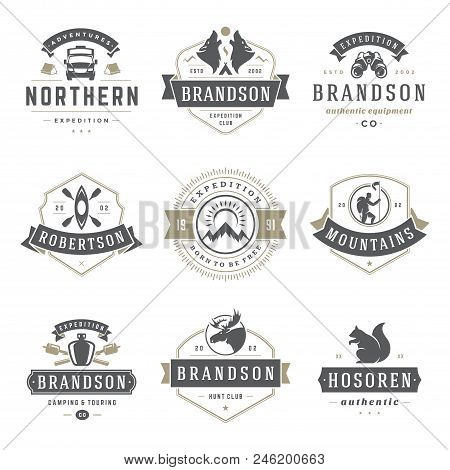Camping Logos Templates Vector Design Elements And Silhouettes Set, Outdoor Adventure Mountains And 
