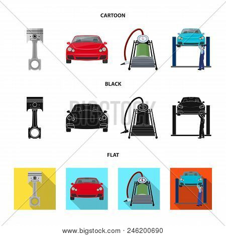 Car On Lift, Piston And Pump Cartoon, Black, Flat Icons In Set Collection For Design.car Maintenance