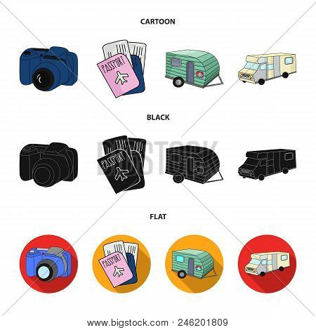 Vacation, Photo, Camera, Passport .family Holiday Set Collection Icons In Cartoon, Black, Flat Style