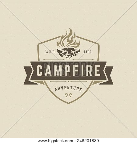 Forest Camping Logo Emblem Vector Illustration. Outdoor Adventure Leisure, Campfire Silhouette, Prin