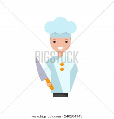 Male Chef Cook Character, Boy In Uniform Standing With Knife Vector Illustration Isolated On A White