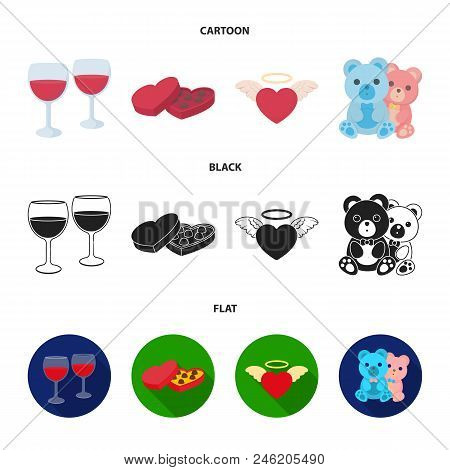Glasses With Wine, Chocolate Hearts, Bears, Valentine.romantik Set Collection Icons In Cartoon, Blac