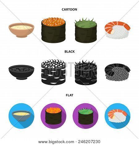 Bowl Of Soup, Caviar, Shrimp With Rice. Sushi Set Collection Icons In Cartoon, Black, Flat Style Vec