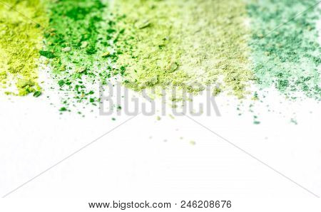 Crumbs Of Multicolored Chalk, Pastels On White Paper For Watercolor. Yellow,  Green, Gray, Light Gre
