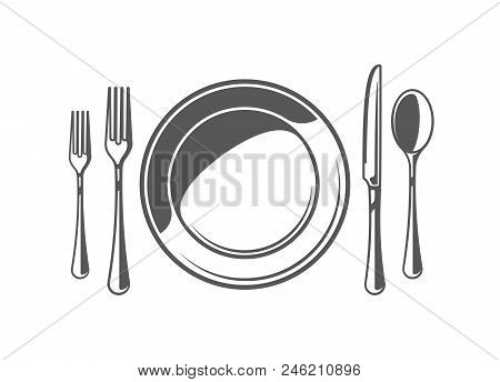 Spoon, Fork, Knife And Plate Isolated On White Background. Symbol For Cooking Design Emblem. Vector 