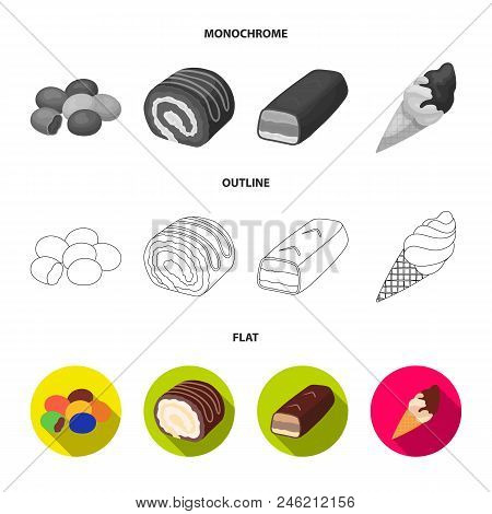 Dragee, Roll, Chocolate Bar, Ice Cream. Chocolate Desserts Set Collection Icons In Flat, Outline, Mo