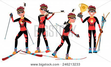 Biathlon Player Male Vector. Ski Race Skier Athlete. Ski Tracks. Winter Games. Isolated Flat Cartoon