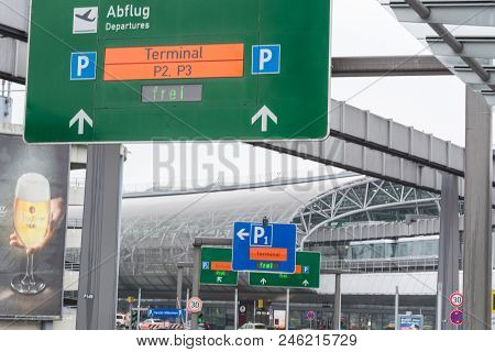 Duesseldorf, Nrw, Germany - February 20, 2017: Access Road To The Departure Terminal Of The Airport 