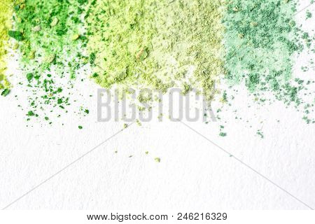 Crumbs  Of Multicolored Chalk, Pastels On White Paper For Watercolor. Yellow,  Green, Gray, Light Gr