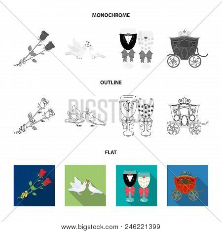 Wedding And Attributes Cartoon , Flat, Outline, Black Icons In Set Collection For Design.newlyweds A
