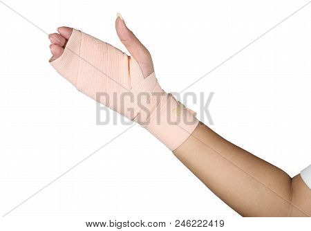 Arm Splint, Hand Bandage, Gauze Bandage Patient With Asian Girl Hand Wrap Injury Isolated On White B