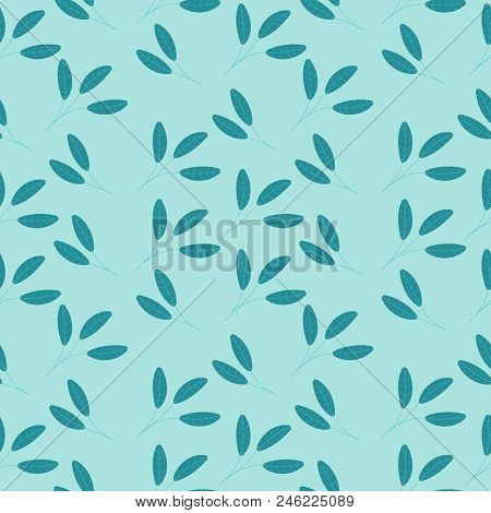 Beautiful Seamless Background With Leaves. Vector Seamless Pattern With Leaves On A Turquoise Backgr