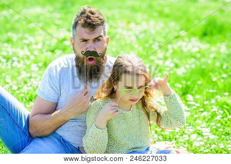 Father Posing With Mustache And Child Posing With Eyeglasses Photo Booth Attribute. Detectives Conce