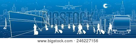 Transport Panorama. Passengers Go To Ship From Bus. People Walking. Travel Transportation. Urban Sce