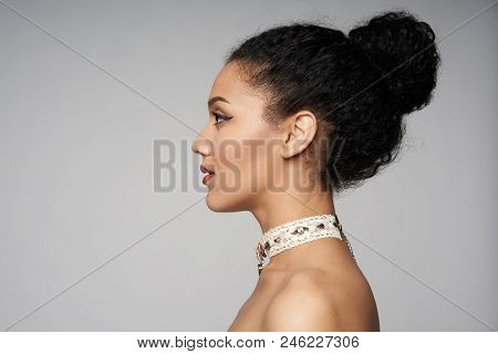 Beauty Closeup Profile Portrait Of Beautiful Mixed Race Caucasian - African American Woman Wearing C