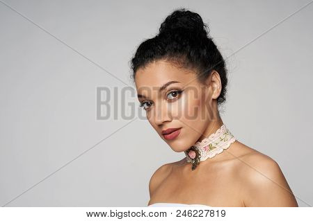 Beauty Closeup Profile Portrait Of Beautiful Mixed Race Caucasian - African American Woman Wearing C