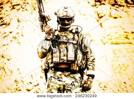 Army Soldier, Private Military Company Fighter With Hidden Identity In Battle Uniform, Helmet, Body 