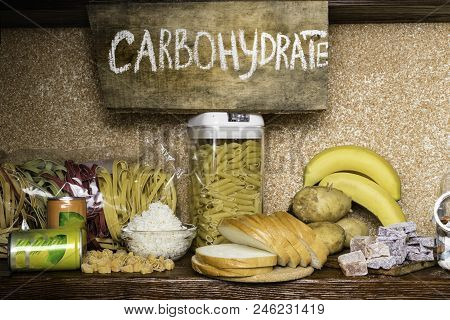 Assortment Of Products Rich Of Complex Carbohydrates. Healthy Food On Stone Background. Space For Te