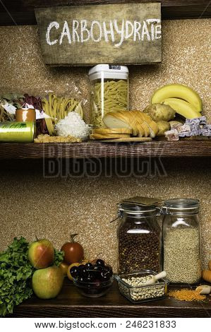Assortment Of Products Rich Of Complex Carbohydrates. Healthy Food On Stone Background. Space For Te