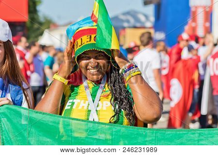 Volgograd - June 18: Girl Fan Of One Of The African National Teams Dressed In The Colors Of The Nati