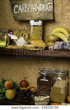 Assortment Of Products Rich Of Complex Carbohydrates. Healthy Food On Stone Background. Space For Te