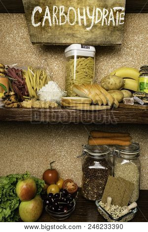 Assortment Of Products Rich Of Complex Carbohydrates. Healthy Food On Stone Background. Space For Te